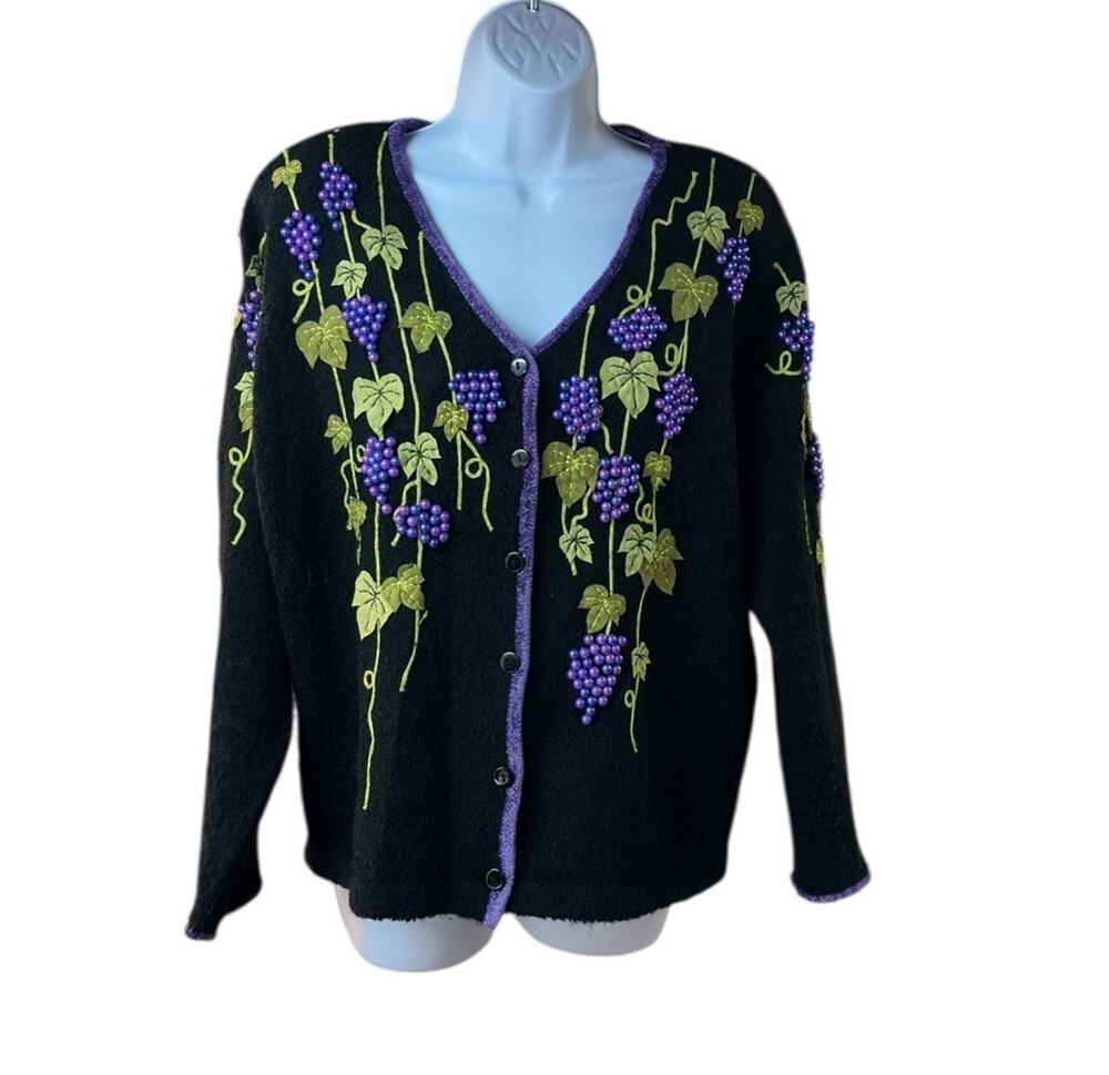 Vintage Design Options Grape Vine Sweater Cardigan Beaded Embroidered Large